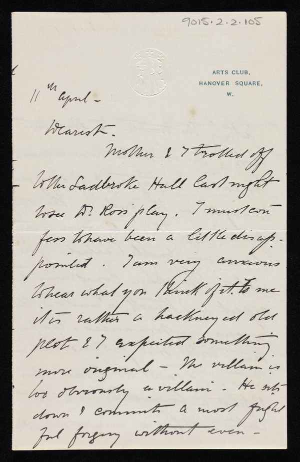 ‘Letter from Stanhope Forbes to Elizabeth Armstrong, addressed Arts Club, Hanover Square, London
