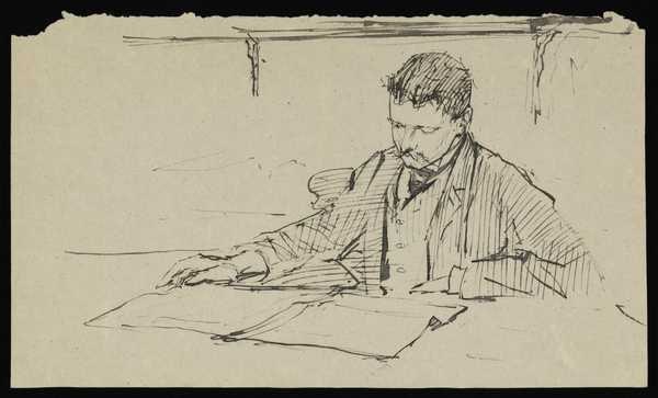‘Ink drawing of a man seated at a desk
