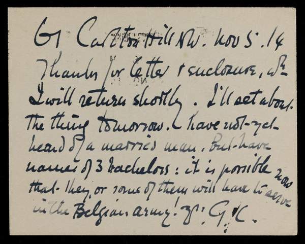 ‘Postcard to Thomas Cooper Gotch probably from George Clausen