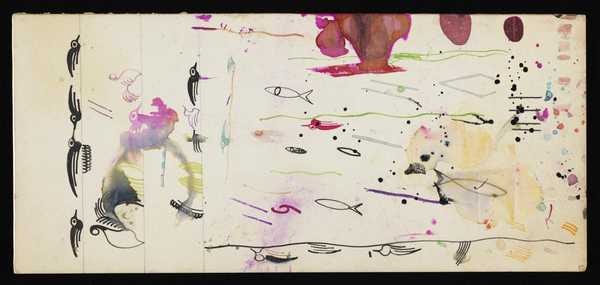 ‘Trial board with paint and ink includes doodles of fish and birds