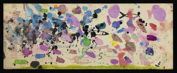 ‘Trial board with a variety of paints and ink with some doodles of birds