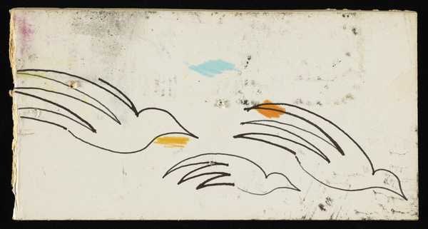 ‘Trial board with ink and doodles of birds