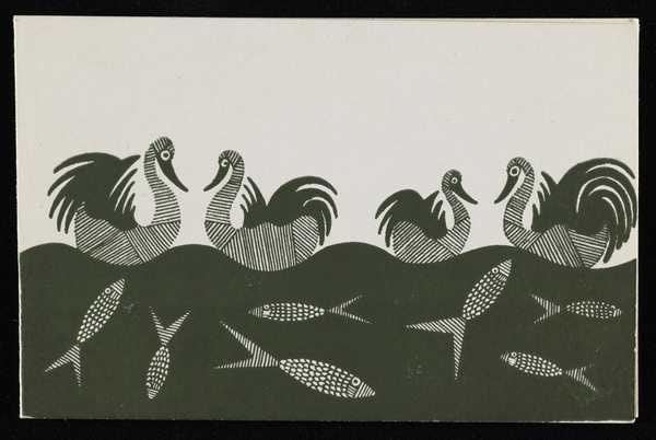 ‘Black and white printed card illustrated with ducks, fish and water, by Scottie Wilson