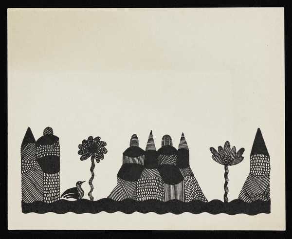 ‘Black and white printed card illustrated with ‘houses of peace’, flowers, a seabird and water, by Scottie Wilson