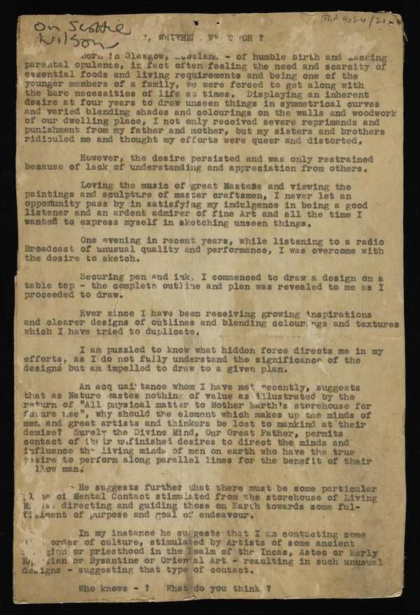 ‘Page of printed text by Scottie Wilson about his life and drawings