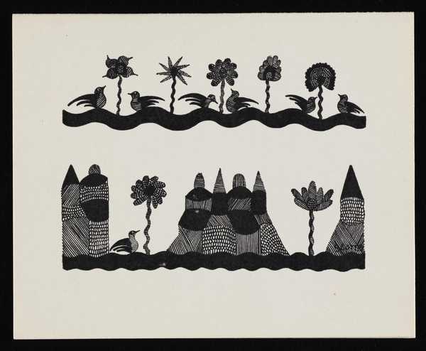 ‘Black and white printed card illustrated with ‘houses of peace’, flowers, seabirds and water, by Scottie Wilson.  ‘Love from Scottie Wilson’ is written on the back