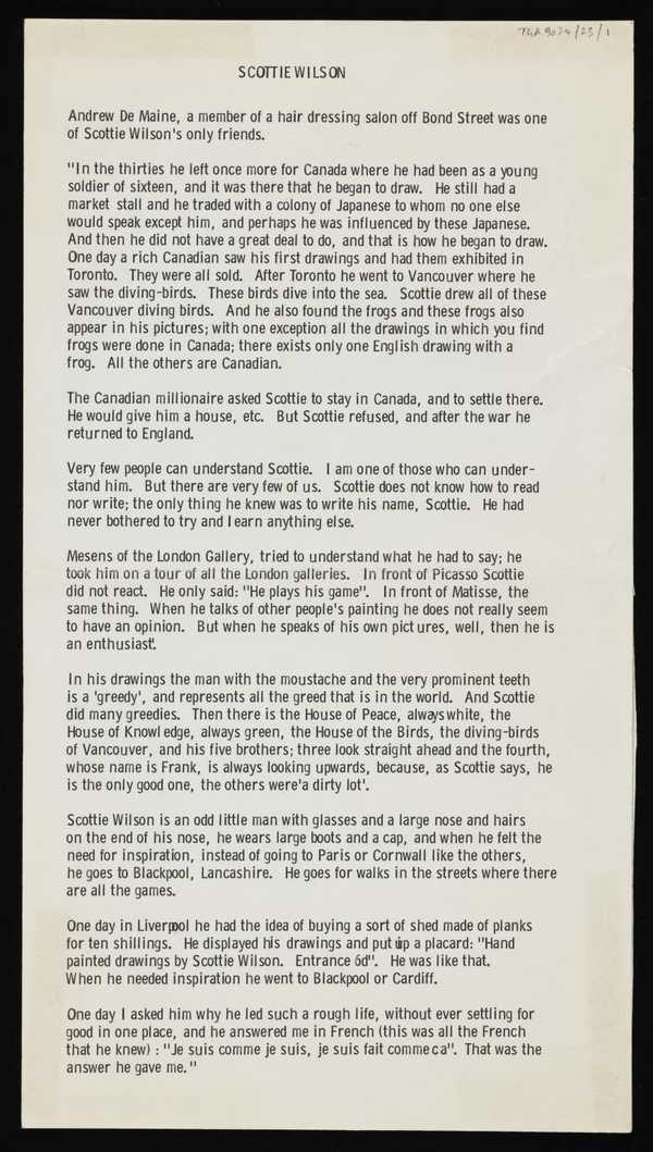 ‘Printed text about Scottie Wilson by Victor Musgrave and George Melly, written after Scottie Wilson’s death