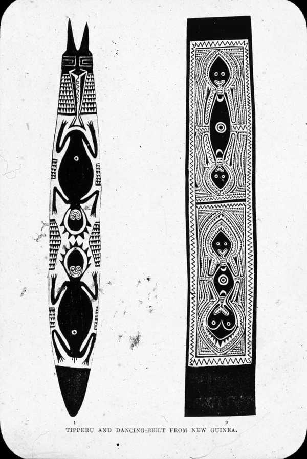 ‘Black and white glass lantern slide of drawings of artefacts from New Guinea captioned ‘Tippera and dancing belt from New Guinea’