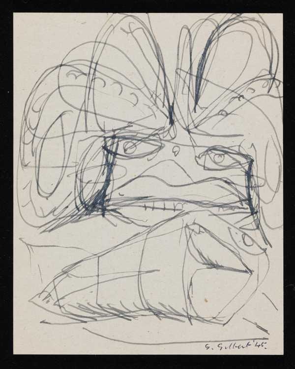 ‘Drawing of an abstract face with wings and a cone-shaped chrysalis