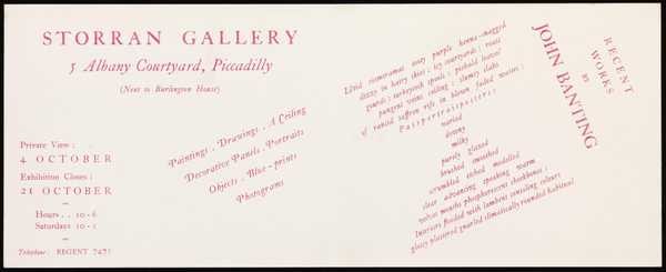 ‘Private view card of ‘Recent Works by John Banting’, at the Storran Gallery