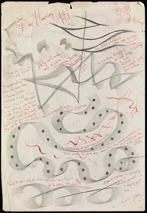 ‘Charcoal drawing with letter written on the drawing from John Banting to Humphrey Spender
