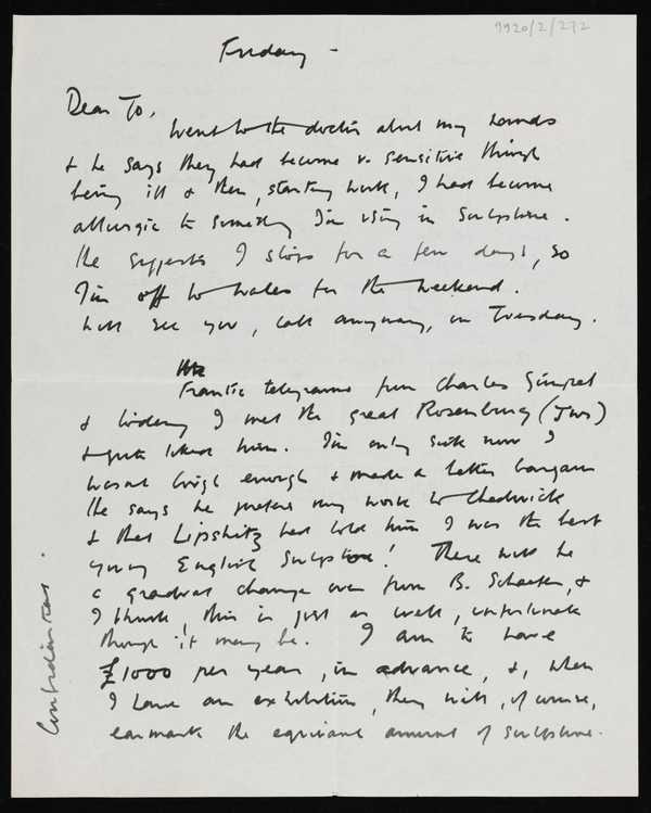 ‘Letter from Kenneth Armitage to Joan Moore