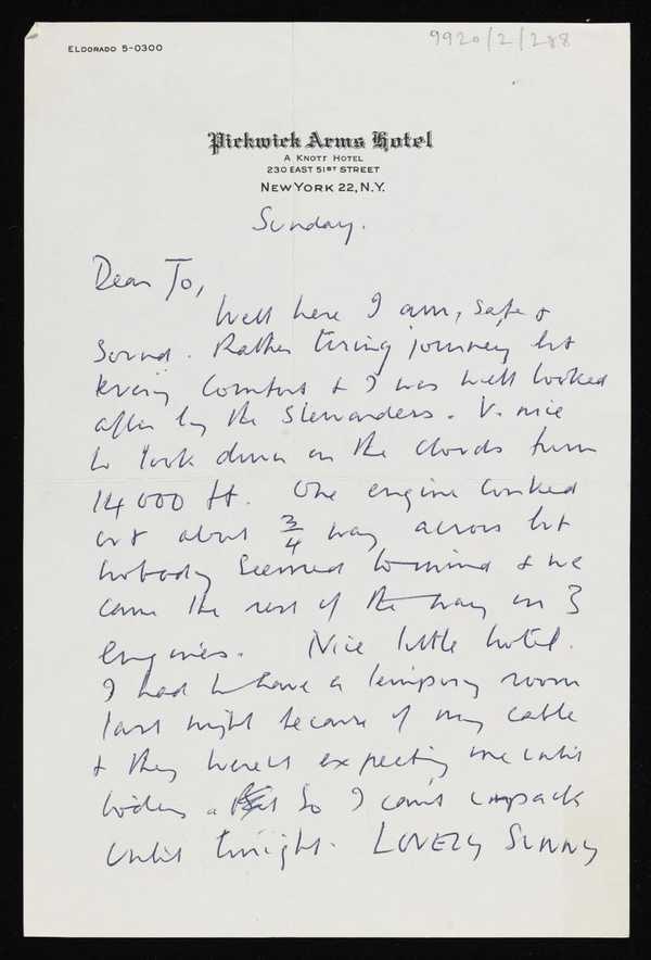 ‘Letter from Kenneth Armitage to Joan Moore, addressed Pickwick Arms Hotel, New York