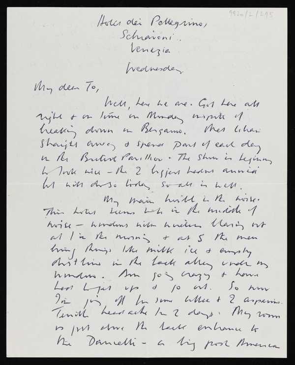 ‘Letter from Kenneth Armitage to Joan Moore, addressed Venice