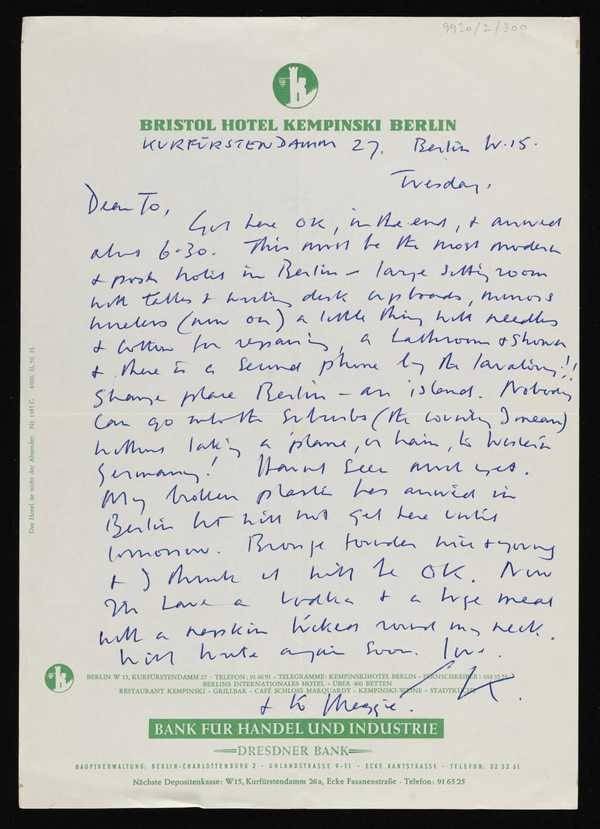 ‘Letter from Kenneth Armitage to Joan Moore, addressed Bristol Hotel, Berlin