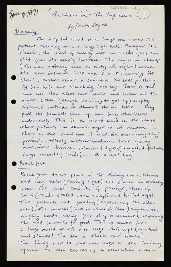 ‘Handwritten background notes by Kevin Coyne for ‘The Institution’, based on his experience working in Whittingham Hospital