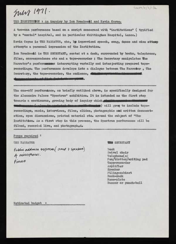 ‘Typed document entitled, ‘The Institution: An inquiry by Ian Breakwell and Kevin Coyne’