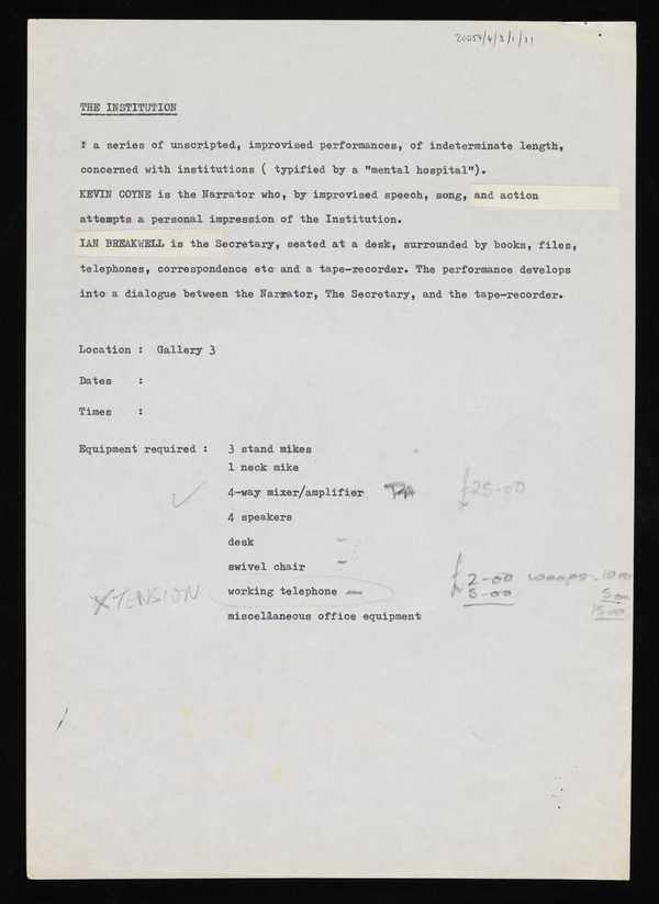 ‘Typed document giving a synopsis of ‘The Insitution’ and listing the equipment required for the performance