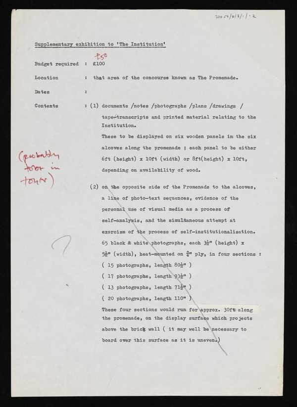 ‘Typed document entitled, ‘Supplementary exhibition to ‘The Institution’’