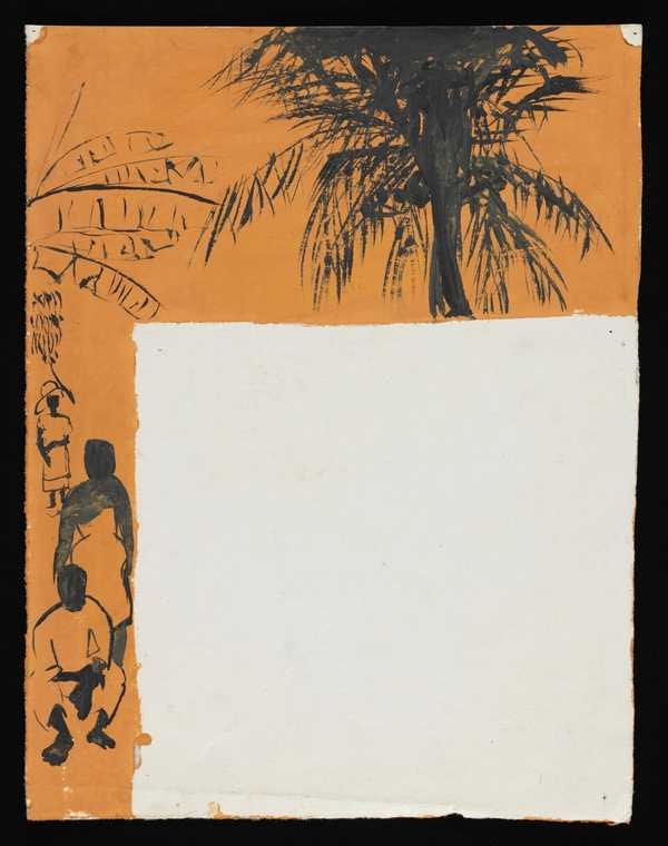 ‘Painting of people and palm trees on an orange background
