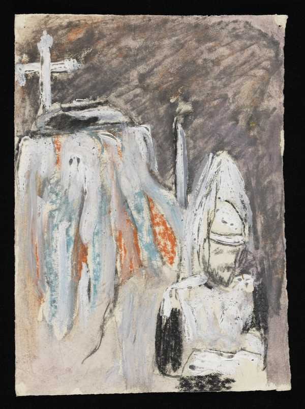 ‘Painting of the interior of a church with a soldier in a plumed helmet in the foreground and a tomb, mounted by a cross, in the background