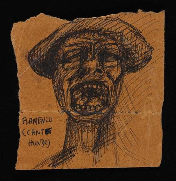 ‘Sketch of a man with his mouth wide open captioned ‘Flamenco (Cante Hondo)’