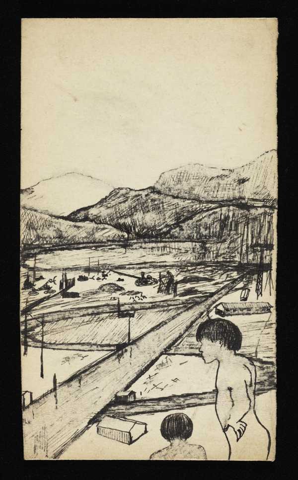 ‘Sketch of two boys looking out over a landscape with some forms of industrial activity taking place