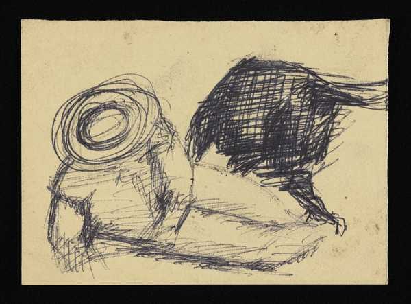 ‘Sketch of a man in a hat lying down with an unidentifiable figure, probably an animal, beside him