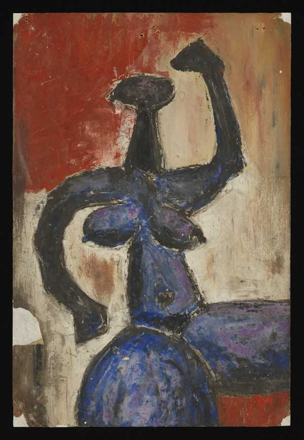 ‘Abstract painting of a female nude with one arm raised