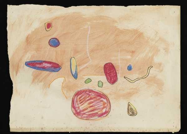 ‘Abstract painting of various different shapes on a painted background