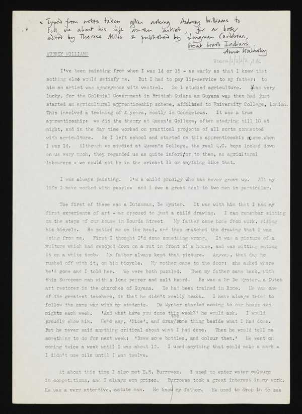 ‘Draft transcript of an interview with Aubrey Williams by Anne Walmsley