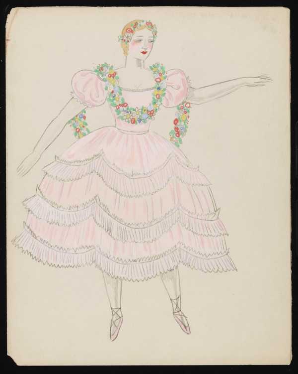 ‘Untitled costume design showing a female figure wearing a white dress and black cape with pink bows