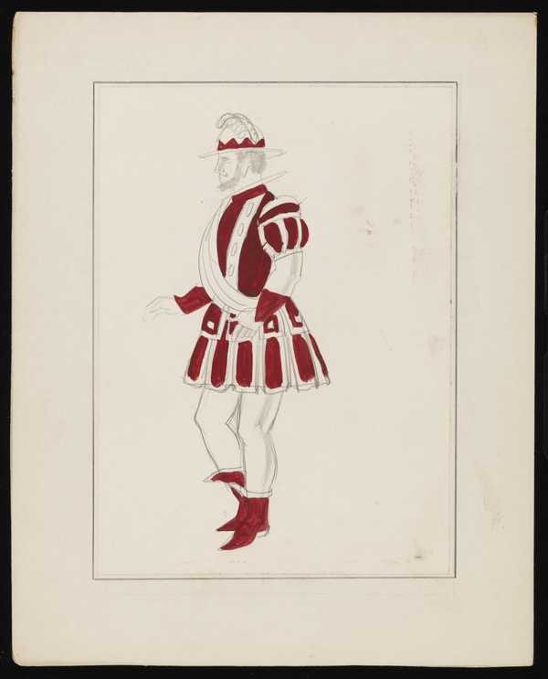 ‘Untitled costume design showing a male figure wearing a red and white suit reminiscent of the Shakespearean Era