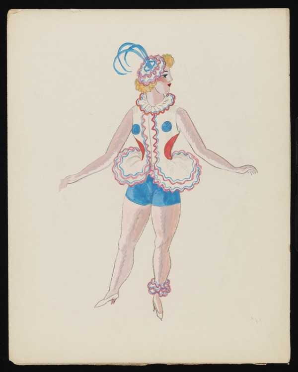 ‘Untitled costume design showing a female figure wearing a white top with red and blue ruffles around the collar and hips, blue shorts and a matching hat in the style of the Ballets Russes