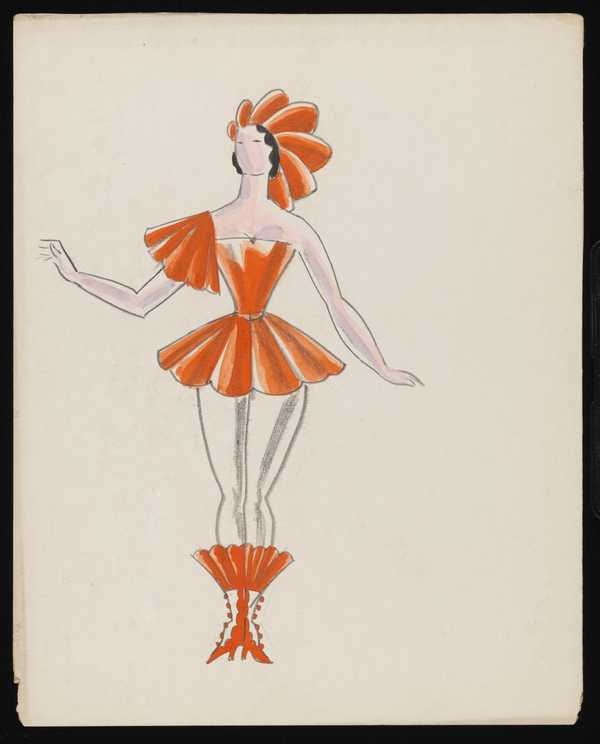 ‘Untitled costume design showing a woman wearing a short red dress and white tights with matching boots and hat