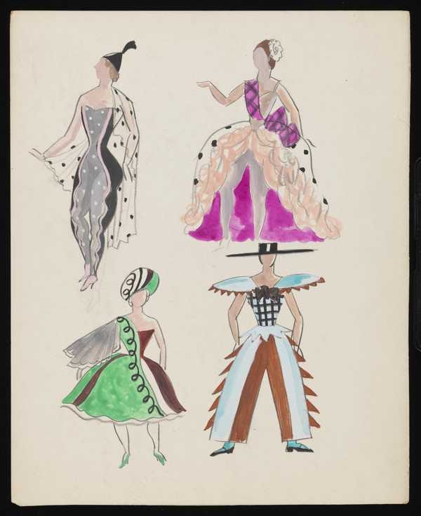 ‘Untitled costume designs for three female figure and one male figure in the style of the Ballet Russe