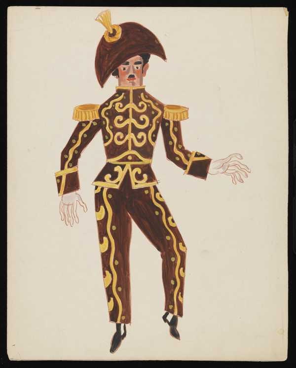‘Untitled costume design showing a male figure wearing a black suit with gold piping and decoration with a matching hat