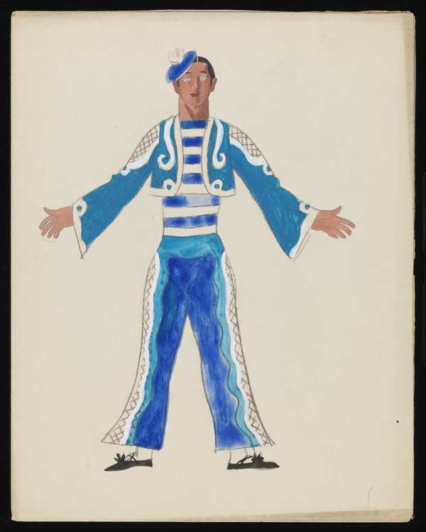 ‘Untitled costume design showing a male figure wearing blue trousers, a matching jacket and striped top