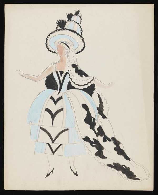 ‘Untitled costume design showing a female figure wearing a blue, black and white dress with a cape, trailing overskirt and large tiered hat