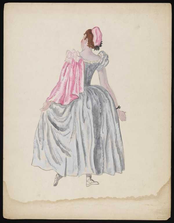 ‘Untitled costume design showing a female figure from behind wearing a grey dress with a pink cape