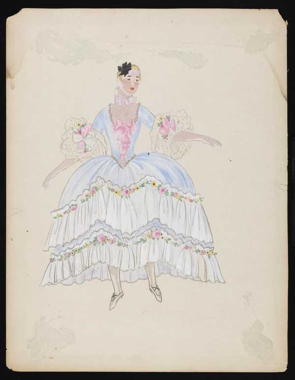 ‘Untitled costume design showing a female figure wearing a blue and white dress with a tiered skirt decorated with flowers and pink bows and lace sleeves