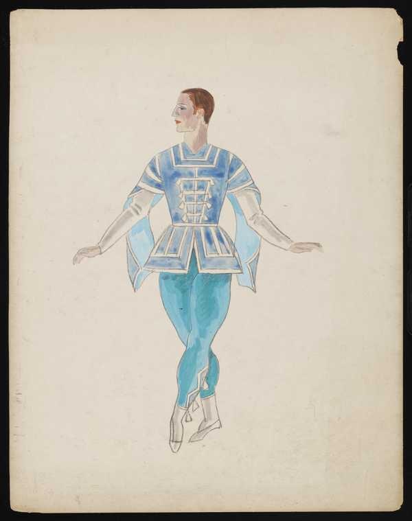 ‘Untitled costume design showing a male figure wearing a blue suit with white piping detail