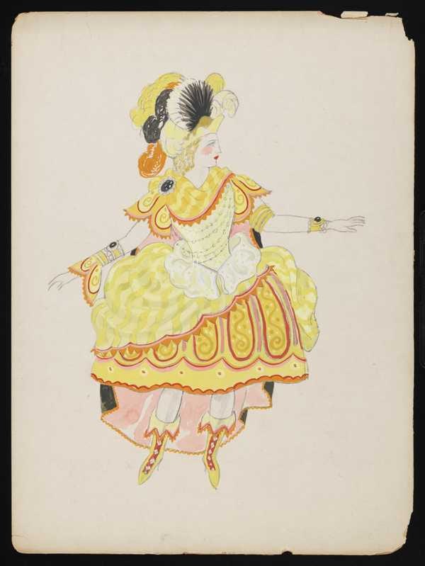 ‘Untitled costume design showing a female figure wearing a yellow dress with a full shirt with pink and red details and a elaborate feather hat