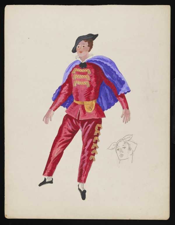 ‘Untitled costume design showing a male figure wearing a red suit with gold tassels and a purple cape