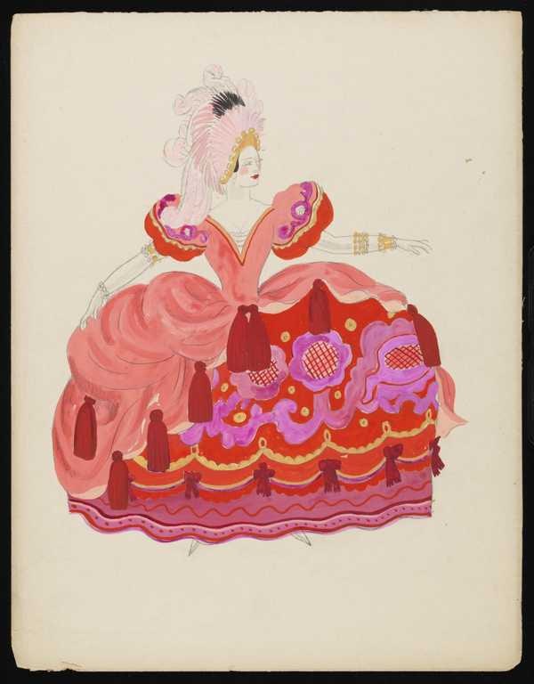 ‘Untitled costume design of a female figure wearing a pink dress with a wide skirt and puff sleeves decorated with large pink flowers and red tassels and bows with a elaborate pink feather hat