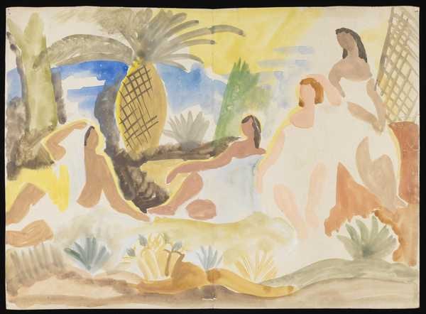 ‘Rolled untitled set design(?) showing three female figures and one male figure reclining on a beach surrounded by palm trees