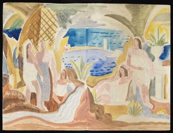 ‘Rolled untitled set design(?) showing five female figures reclining on a beach surrounded by palm trees