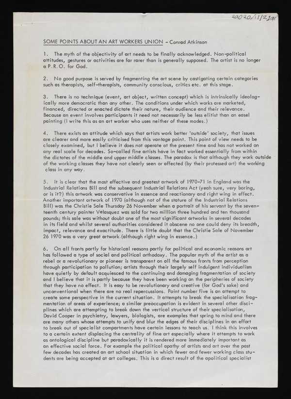 ‘Typed document entitled, ‘Some Points About an Art Workers Union’, by Conrad Atkinson