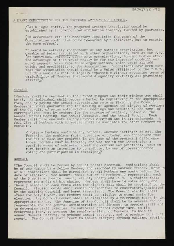 ‘Typed document entitled, ‘A Draft Constitution for the Proposed Artists Association’