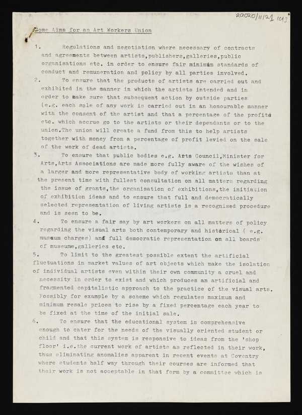 ‘Typed document entitled, ‘Some Aims for an Art Workers Union’, by Conrad Atkinson